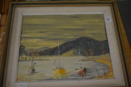 Sailing dinghies in a harbour, oil on board, together with a portrait of a lady.
