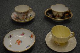 A small Meissen kakiemon pattern cup and saucer, Augustus Rex cup and saucer, Belleek cup and saucer