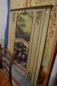 A 19th century troumeau mirror with painted frame, central painted panel depicting classical