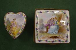 A Continental enamel heart shaped pill box and a similar square box with painted decoration.