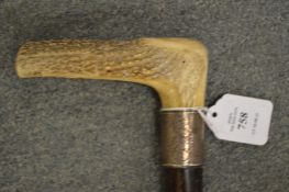 a Victorian walking stick with antler handle and silver collar.