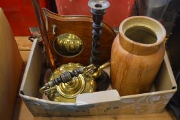 An old brass kettle, barley twist candlestick etc.