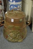 A Dutch copper and brass coal box and lid.