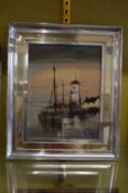 Pierre Wilnay, Boats in a port with a lighthouse, oil on canvas.