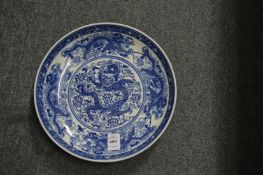 A Chinese blue and white dish decorated with a dragon.