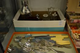 A cruet set, cocktail shaker, plated cutlery etc.