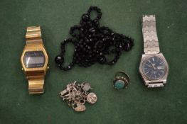 Two gents watches, a jet bead necklace and other items.