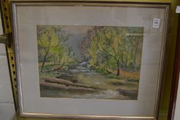 A tree lined stream, watercolour.