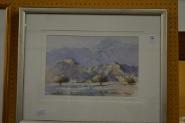 Paul Banning, sun lit Wadi, Dubai, watercolour.