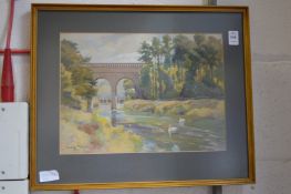 Innes Fripp, a Wooded river landscape with bridges, watercolour.