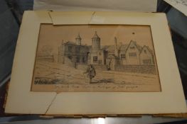 A figure stood outside a classical building, unframed engraving.