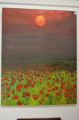 Poppies in a field, a large oil on canvas, unframed.