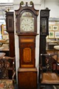 A 19th century mahogany and oak cased longcase clock with painted arched dial and eight day