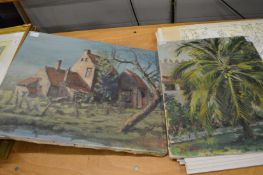 Two unframed oil paintings depicting a tropical landscape and a country cottage.