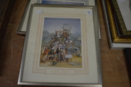 A set of four colourful caricature prints.