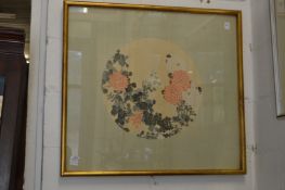 Japanese School, flowers and foliage, circular painting, framed and glazed.