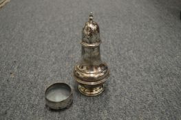 A silver sugar castor and a silver salt.