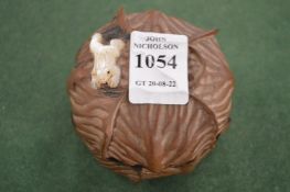 Japanese carved wood cabbage box and cover with mother of pearl frog.