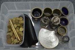 Various condiments, coins, pens etc.