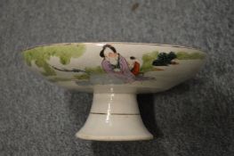 A Satsuma pedestal bowl decorated with figures in a landscape.