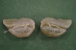 Two Chinese carved jadeite models of locusts.
