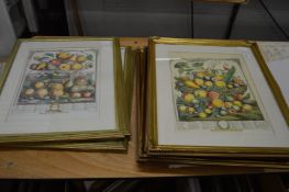 Framed and glazed colour prints depicting fruits and months of the year.