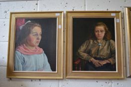 A seated female figure, oil on board and another similar, a pair.