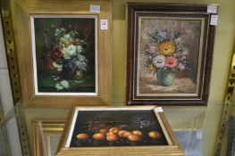 Two still life pictures of flowers in a vase together with a still life of fruit and flowers (3).