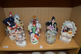 Staffordshire flatback figure groups and spill vases.