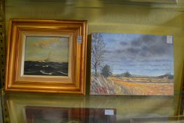Sailing ship at sea, oil on board together with an unframed oil on canvas depicting a rural