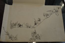 Circle of John Ruskin, study of leaves and buds on twigs, ink and wash, unframed.