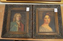 A pair of portraits depicting a man with a wig and a young, possibly oil over print base.