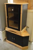 A pine hi-fi unit and matching corner tv stand.