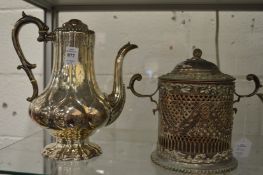 A plated coffee pot and a twin handled basket (af).
