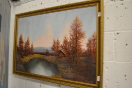 Wooded river landscape, oil on canvas together with another painting of a frozen river landscape (