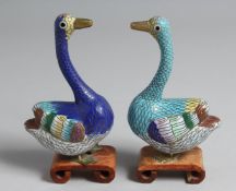 A PAIR OF CHINESE CLOISONNE MODELS OF GEESE on wooden stands. 15cm high