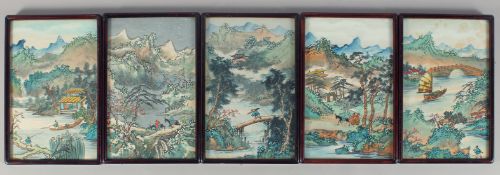 A SET OF FIVE EARLY 20TH CENTURY WATERCOLOURS ON FABRIC, possibly a triptych together with two