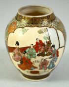 A SMALL JAPANESE SATSUMA VASE, painted with two panels, one depicting figures in an interior