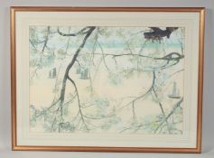 A 20TH CENTURY CHINESE SCHOOL WATERCOLOUR AND GOUACHE PAINTING, depicting boats on a lake viewed