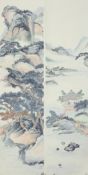 TWO LARGE CHINESE SCROLL PAINTINGS ON PAPER, each depicting landscape scenes, (2).