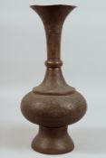 A LARGE 19TH CENTURY SYRIAN DAMASCUS FINELY ENGRAVED BRASS VASE, the shoulder with a band of