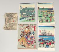 FOUR JAPANESE CREPE PAPER WOODBLOCK PRINTS, together with a small booklet; 'Kobutori', (5).