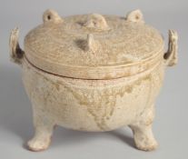 A CHINESE EARTHENWARE TRIPOD CENSER AND COVER, 14cm high.