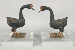 A PAIR OF CHINESE METAL AND ENAMEL WORK FIGURES OF GEESE, the geese made up of fine filigree