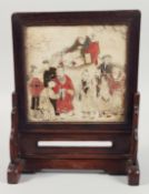 A RARE 19TH CENTURY CHINESE PAINTED MARBLE AND HARDWOOD TABLE SCREEN, the inset marble panel