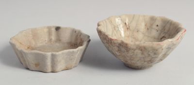 A CHINESE CRACKLE GLAZE PETAL-FORMED BOWL, 12cm wide, together with A SMALL PETAL-FORMED BRUSH