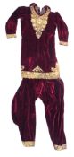 A SUPERB INDIAN PATIALA VELVET AND EMBROIDERED GOLD WIRE DRESS, lavishly adorned with gold wire