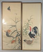 A LARGE PAIR OF 19TH CENTURY JAPANESE PAINTINGS ON SILK, one painted with carp, kingfisher and