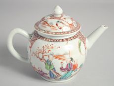 A CHINESE EXPORT FAMILLE ROSE PORCELAIN TEAPOT AND COVER, painted with a panel to each side