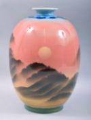 A LARGE JAPANESE PORCELAIN OVOID VASE, the body painted with an atmospheric sunset landscape, 33cm